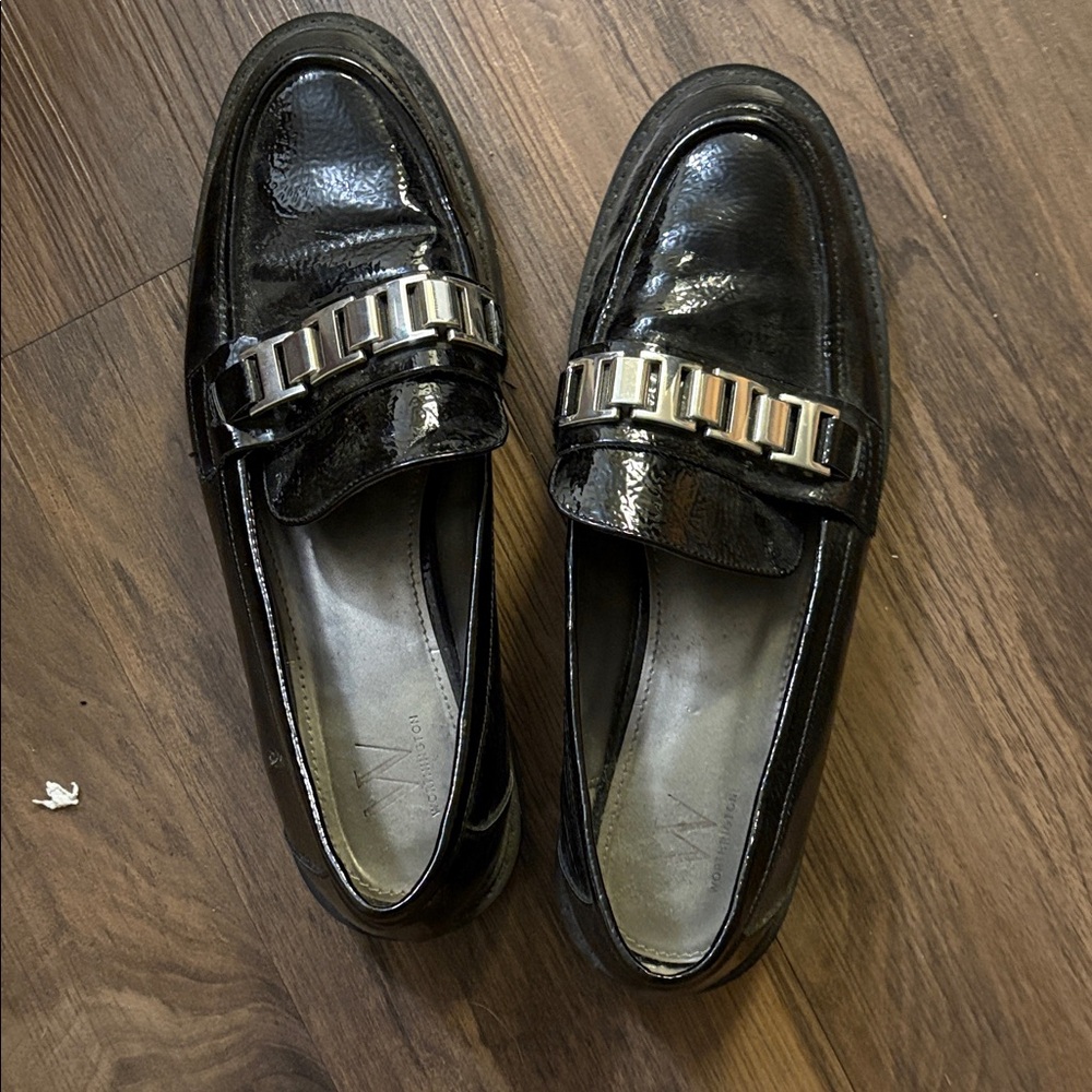 Worthington Shiny Black Loafers with Metallic Detailing